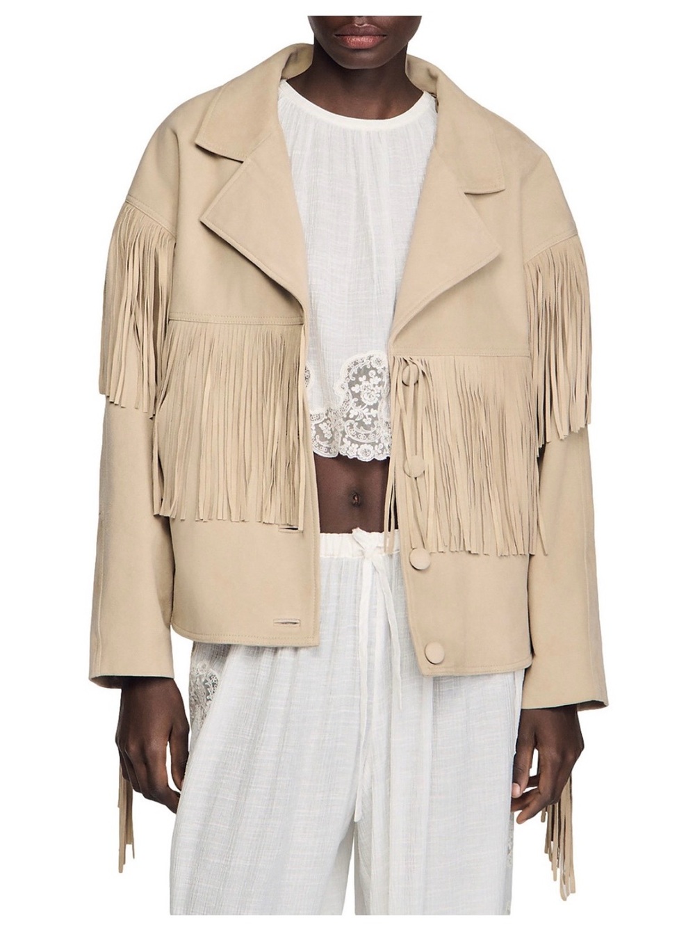 Sandro Beige Fringe Suede Jacket